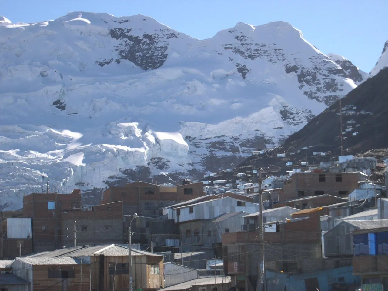 Brick and metal buildings of La Rinconada under snow-covered peaks